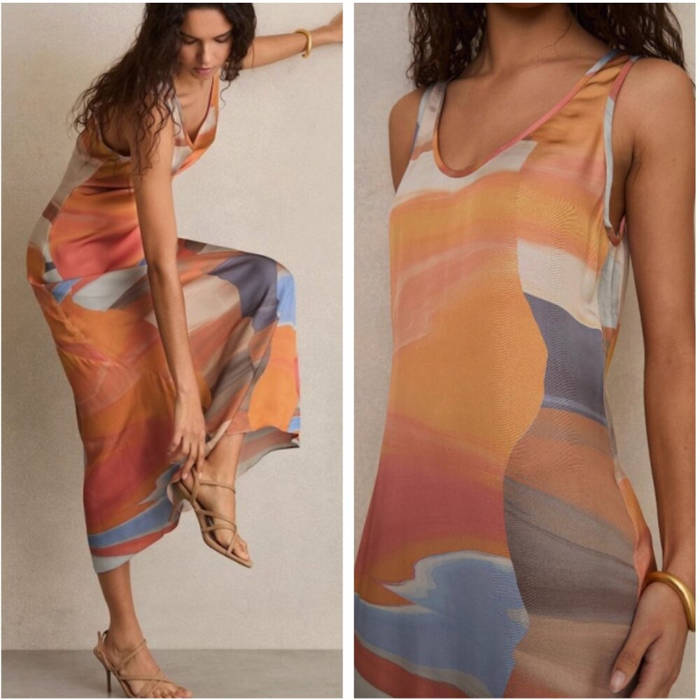 NWT REISS Sunset Print Sleeveless Slip Maxi Dress - Coral Casual Vacation